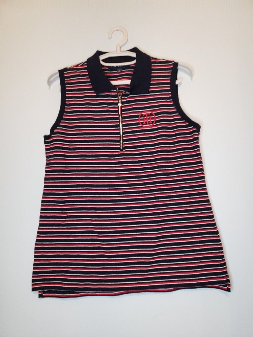 Tommy Hilfiger Women's M Tank Top Polo Stripe Collared Half Zip Black Red